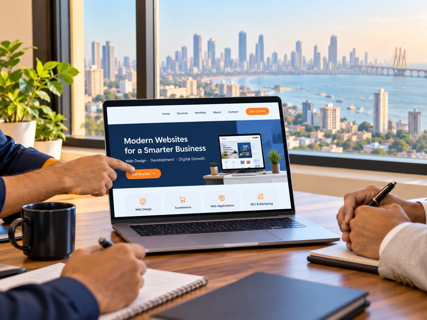 Mumbai Web Services team presenting a modern business website to a client, with the Mumbai skyline and Bandra-Worli Sea Link in the background